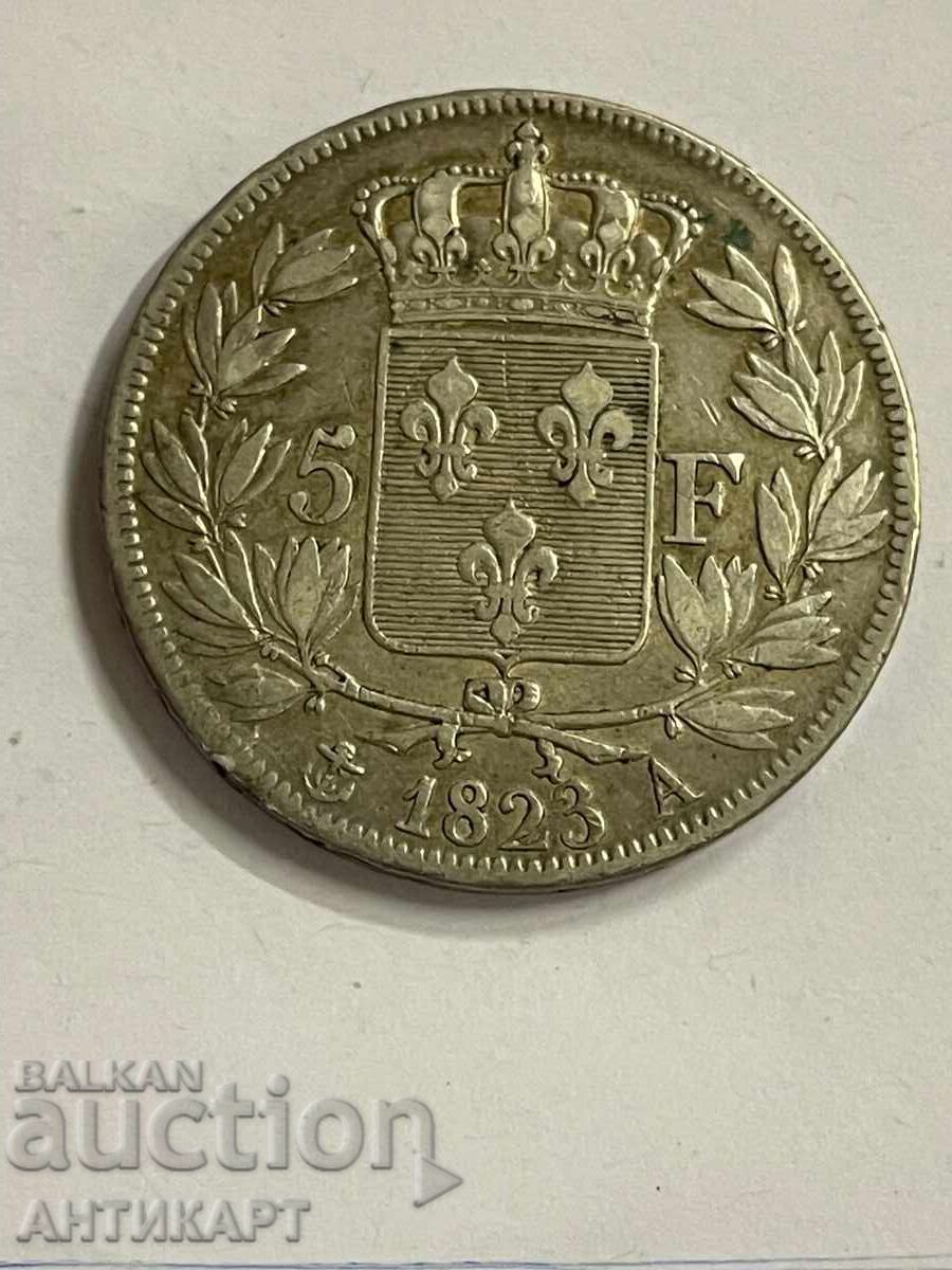 Franța monedă rară de argint Louis XVIII 5 franci 1823 A Franța monedă rară de argint Louis XVIII 5 franci 1823 A
