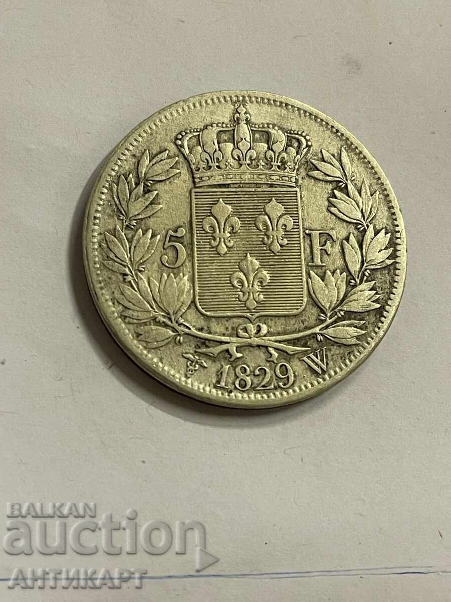 Франция рядка сребърна монета 5 франка Charles X 1829 W Франция рядка сребърна монета 5 франка Charles X 1829 W