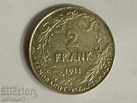 Белгия рядка сребърна монета 2 франка 1911 сребро Алберт