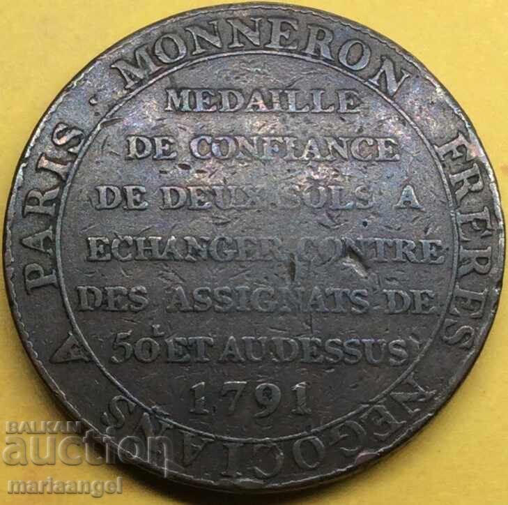 Franta 1791 2 sol Manneron Birmingham bronz Franta 1791 2 sol Manneron Birmingham bronz