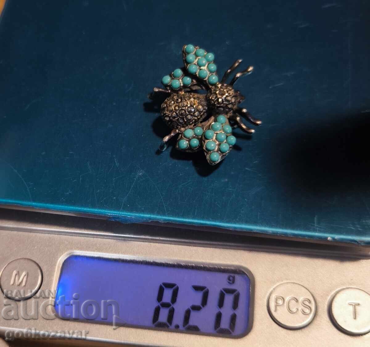 Broșă, vintage Albină Argint, Turcoaz și Marcasite! - 5