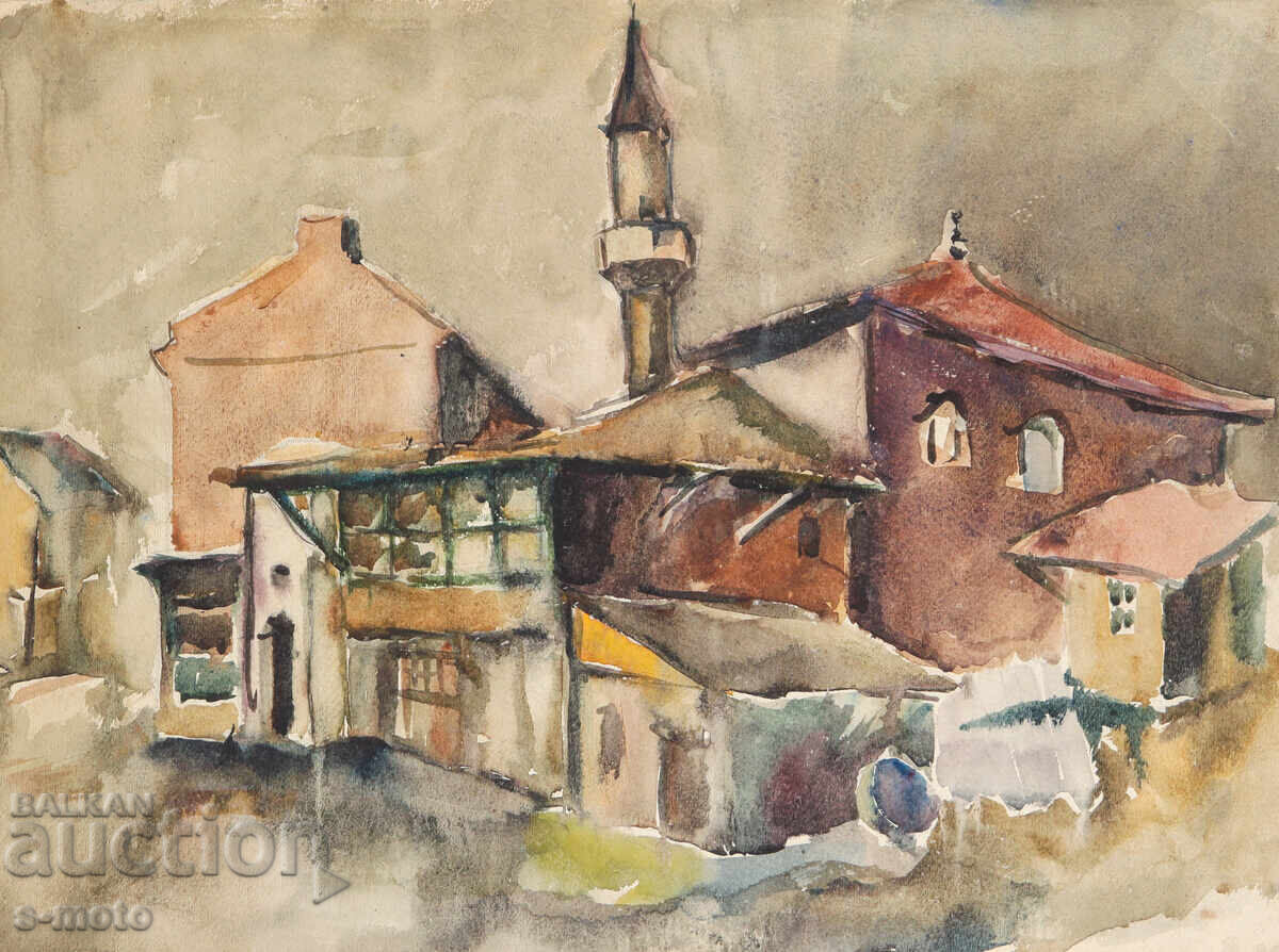 Licitație Peisaj urban vechi cu acuarelă Licitație Peisaj urban vechi cu acuarelă