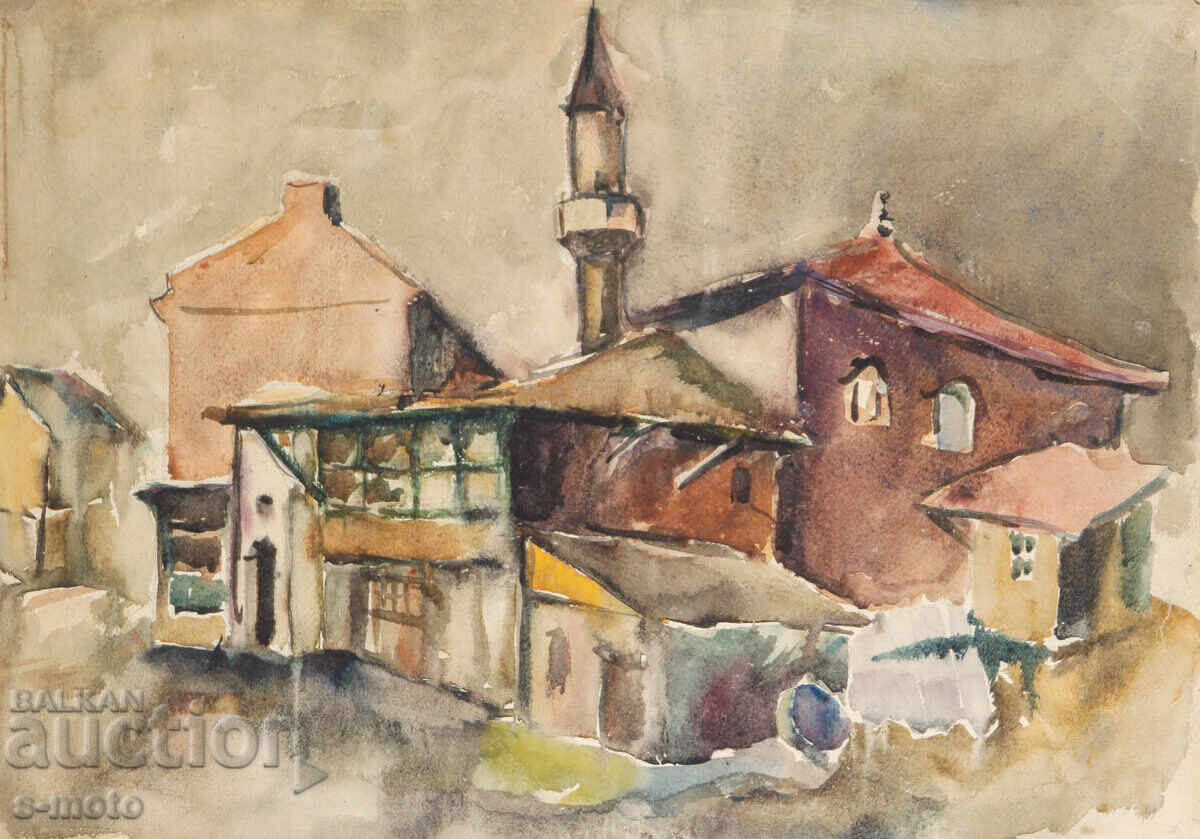 Peisaj urban vechi cu acuarelă Peisaj urban vechi cu acuarelă