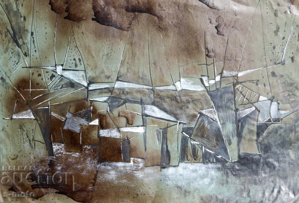 Licitație Tablou cu vopsele tempera, peisaj cubist