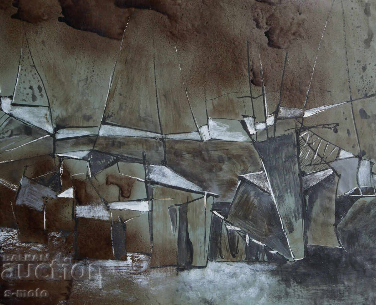 Tablou cu vopsele tempera, peisaj cubist - 5