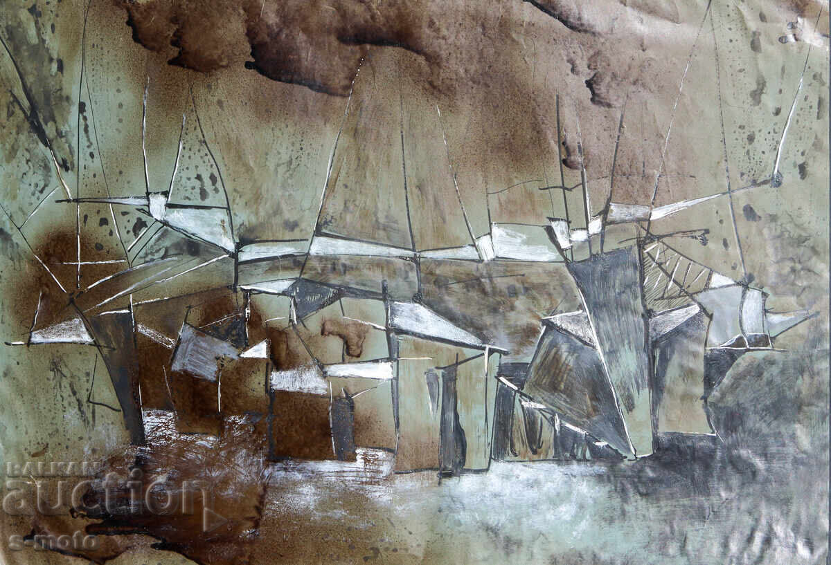 Tablou cu vopsele tempera, peisaj cubist