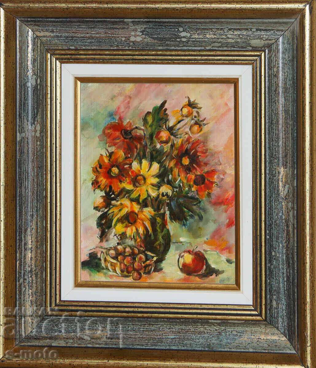 Έργο ζωγραφικής με λάδι νεκρή φύση με λουλούδια