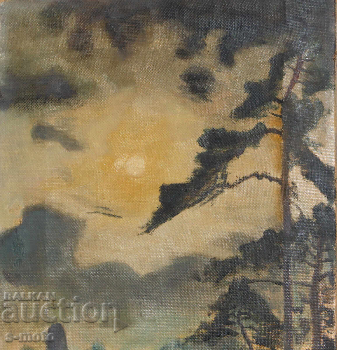 Старинна картина маслени бои пейзаж езеро - 5