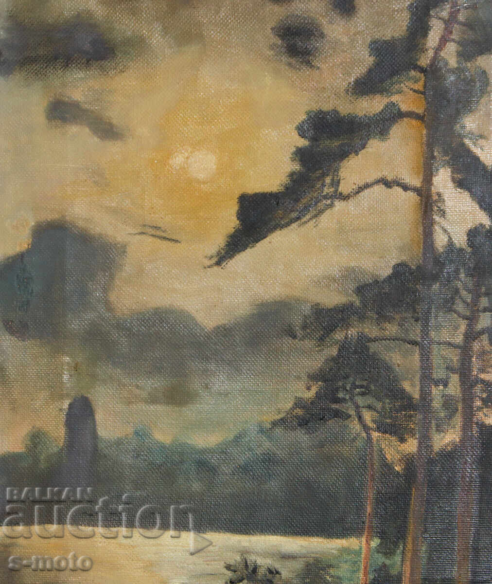 Старинна картина маслени бои пейзаж езеро - 6