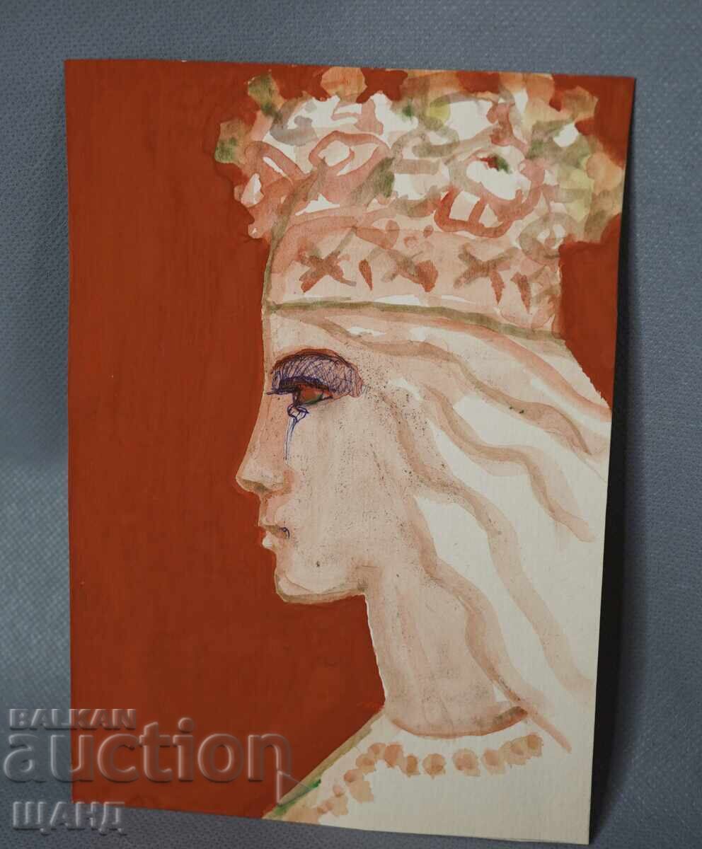 Стара Майсторска рисунка картина акварел портрет