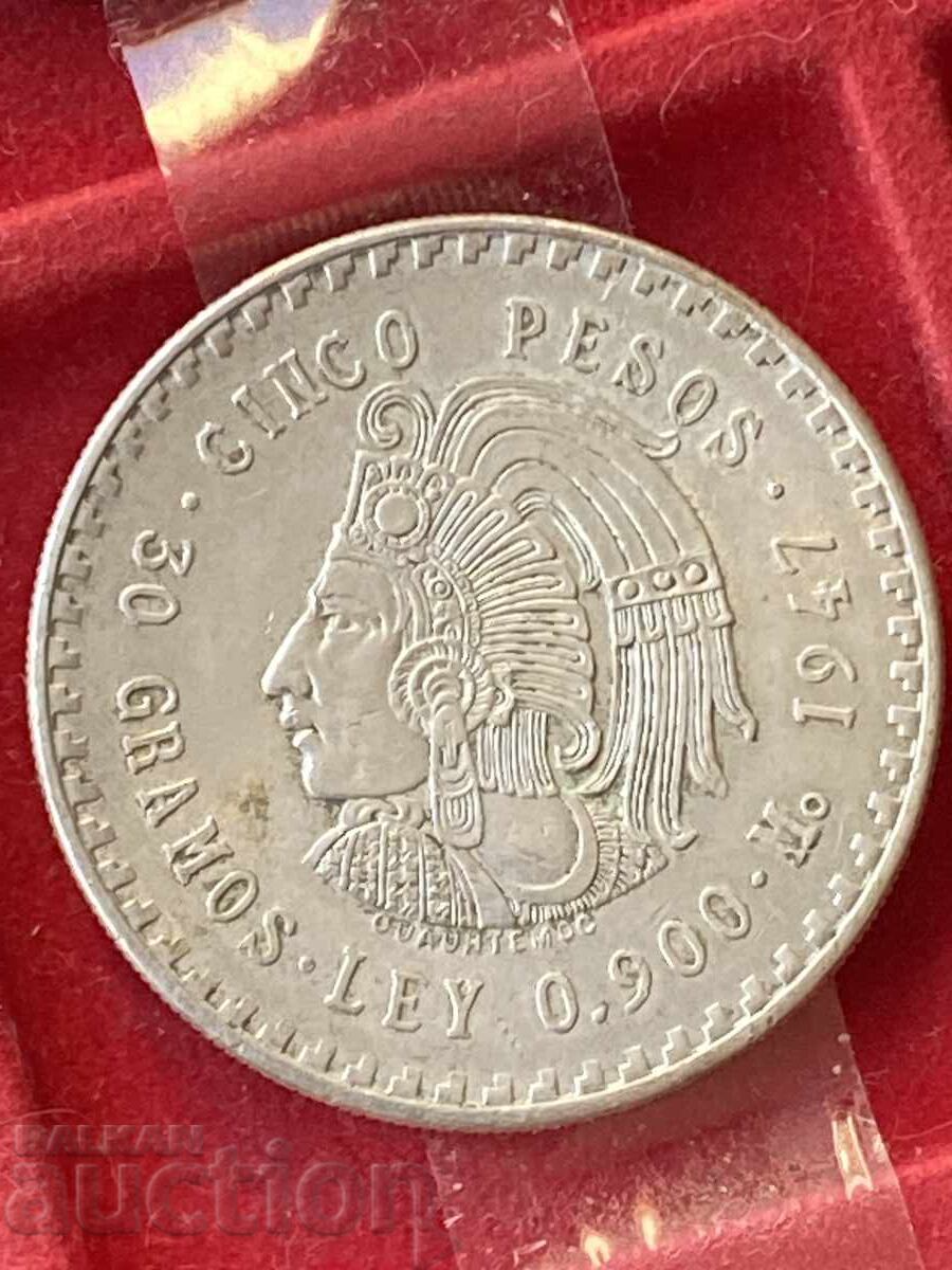 Mexic 5 pesos 1947 monedă mare de argint UNC