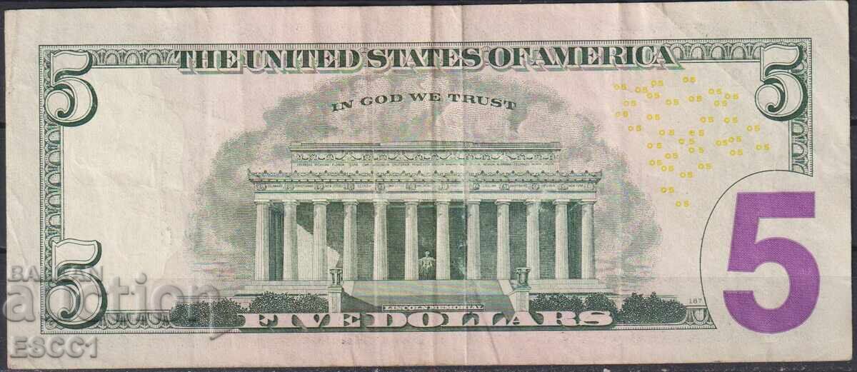 Bancnotă 5 dolari 2013 din SUA cu preț € 7.16 | 14.00 BGN