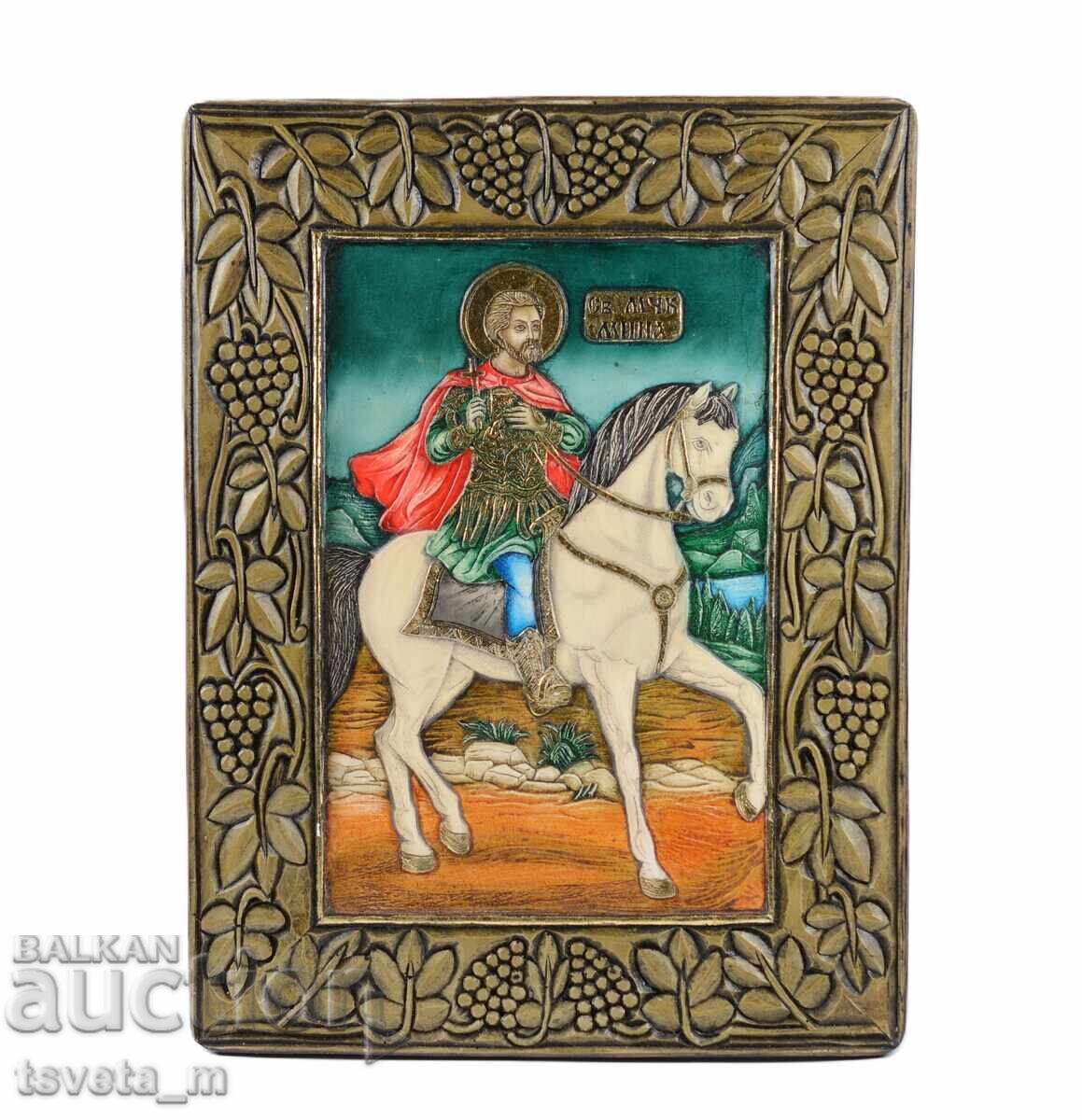 Icoană mare din lemn Sfântul Mina lucrată manual Icoană mare din lemn Sfântul Mina lucrată manual