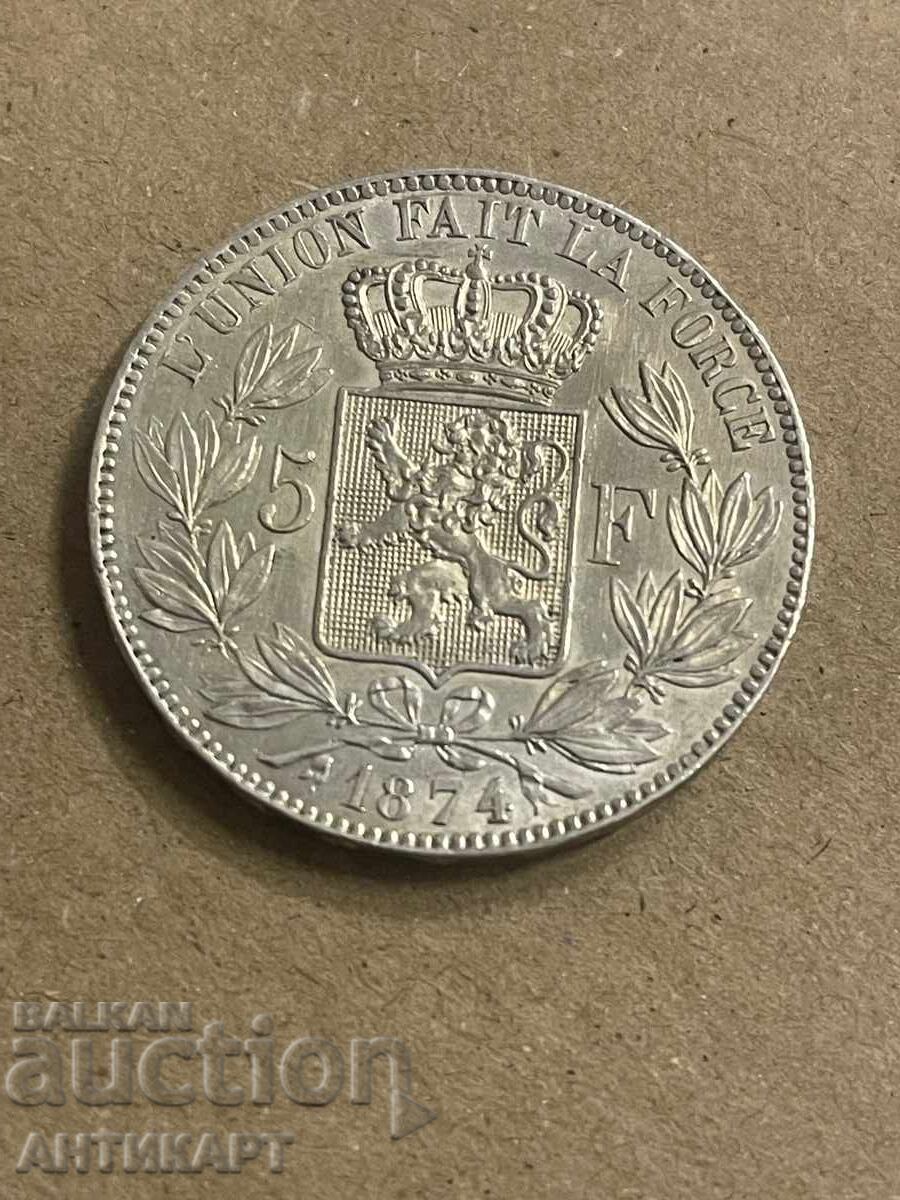 Доставка на Белгия рядка сребърна монета 5 франка 1874 отлична