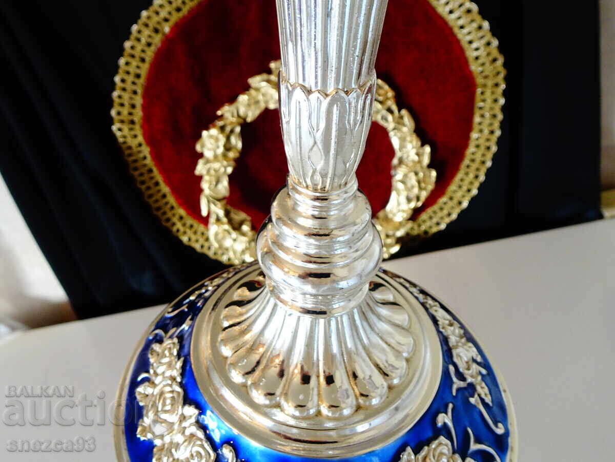 Sfeșnic triplu argintat, trandafiri, cobalt, rococo cu preț € 101.75 | 199.01 BGN