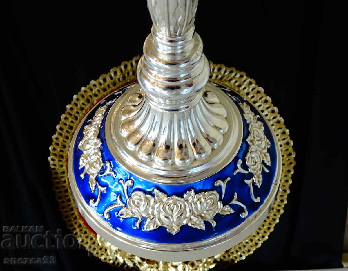 Licitație Sfeșnic triplu argintat, trandafiri, cobalt, rococo