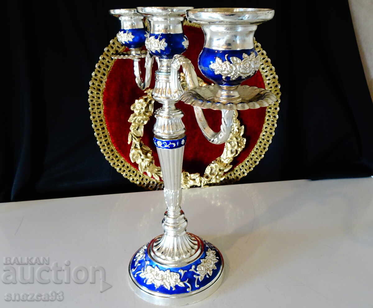 Sfeșnic triplu argintat, trandafiri, cobalt, rococo - 5