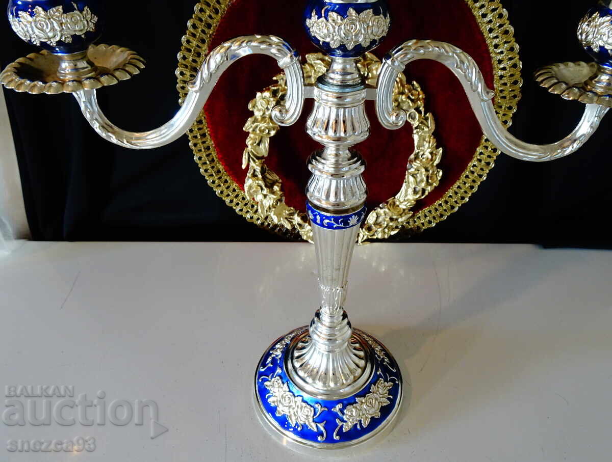 Sfeșnic triplu argintat, trandafiri, cobalt, rococo - 6