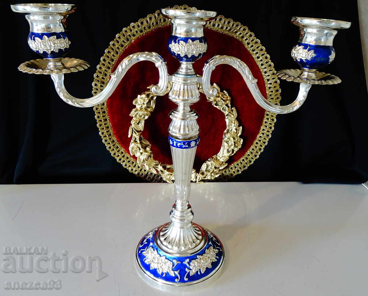 Sfeșnic triplu argintat, trandafiri, cobalt, rococo - 7