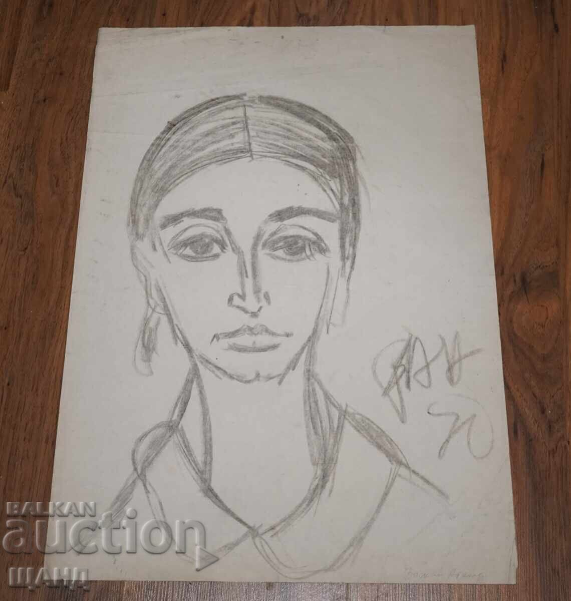 Desen vechi de maestru, creion, portret de femeie, semnat Desen vechi de maestru, creion, portret de femeie, semnat