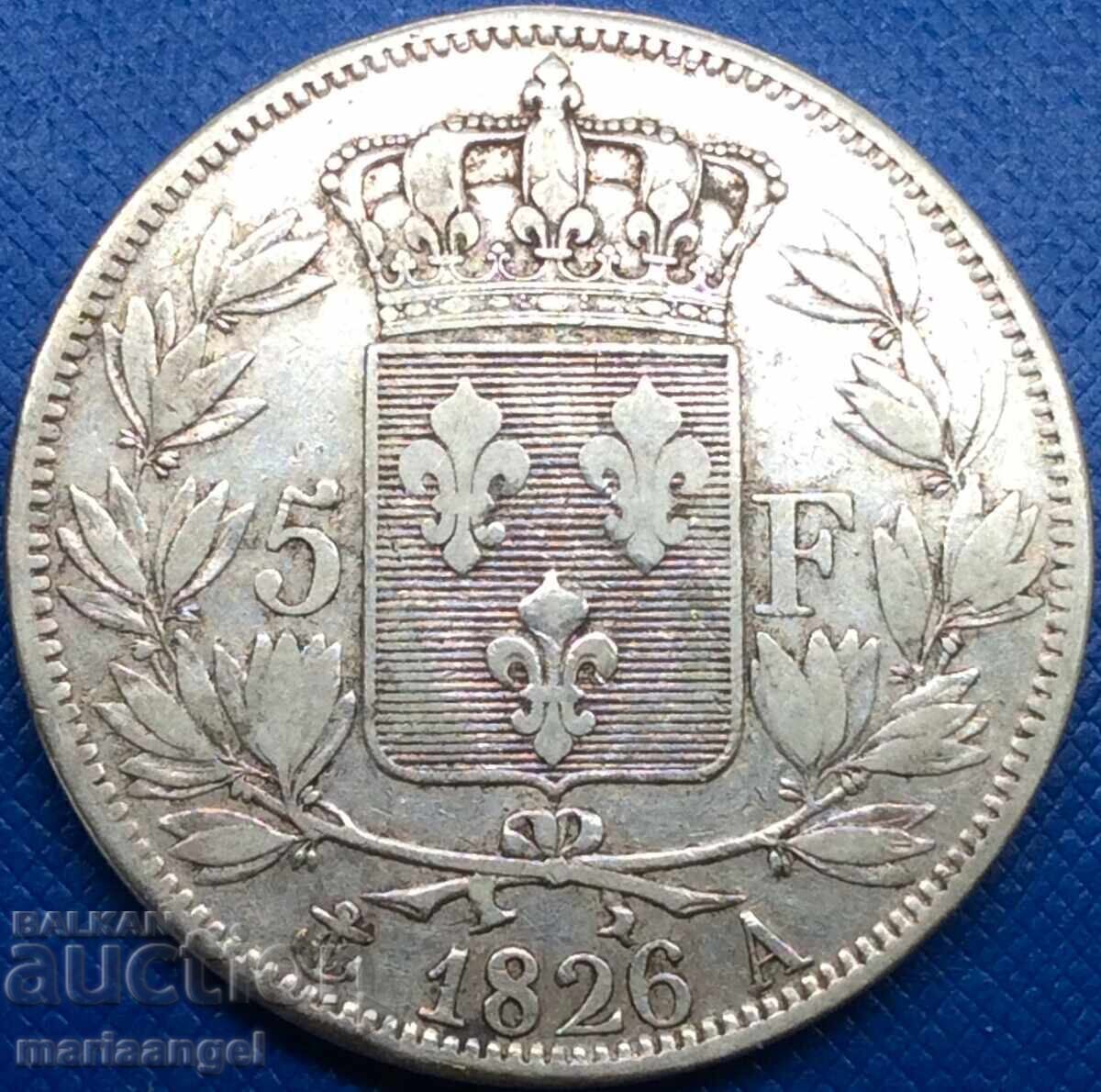 Livrarea 5 Franci 1826 Franta A - Paris Charles X 37mm 24.85g Argint
