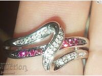 СРЕБЪРЕН ПРЪСТЕН С ЕСТЕСТВЕНИ РОЗОВИ И БЕЛИ ДИАМАНТИ СЕРТИФИ