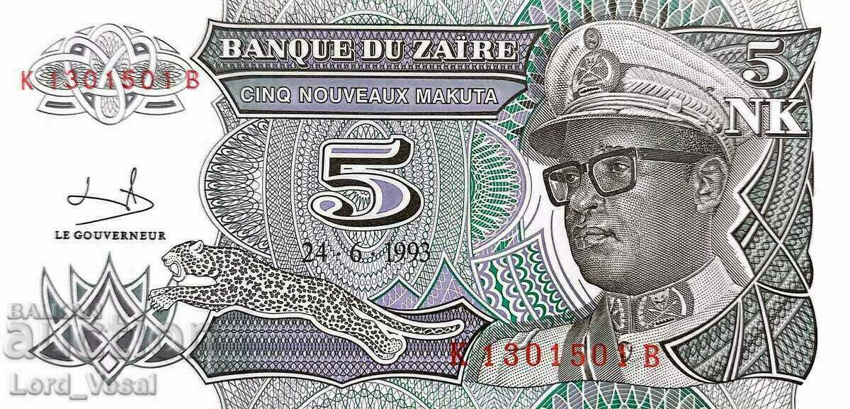 Zaire 5 Nouveaux Makuta 1993 Zaire 5 Nouveaux Makuta 1993
