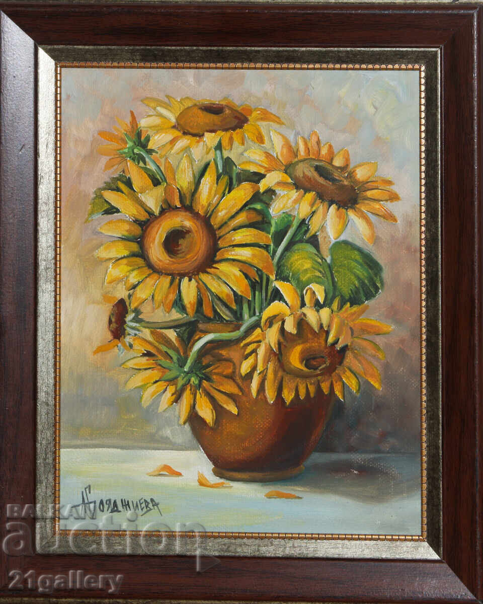 Албена Бояджиева ( 1969 - )  маслени бои натюрморт с цветя