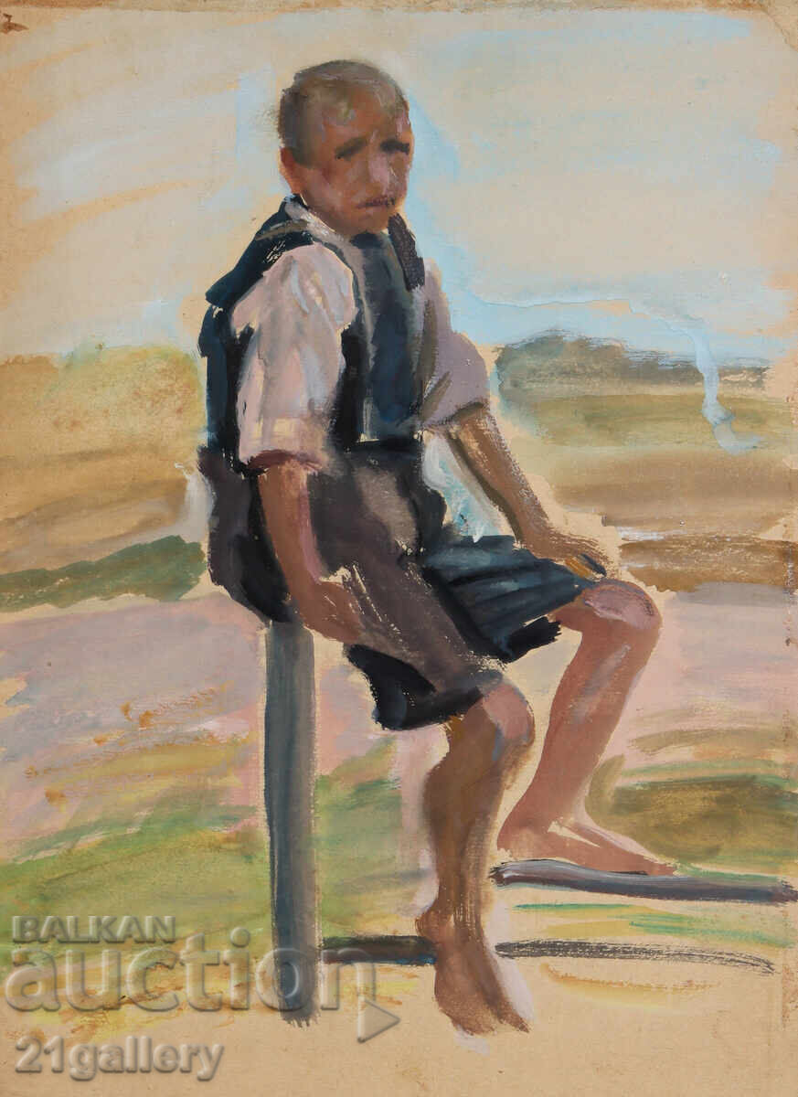 Auction  Old painting, tempera, portrait of a boy