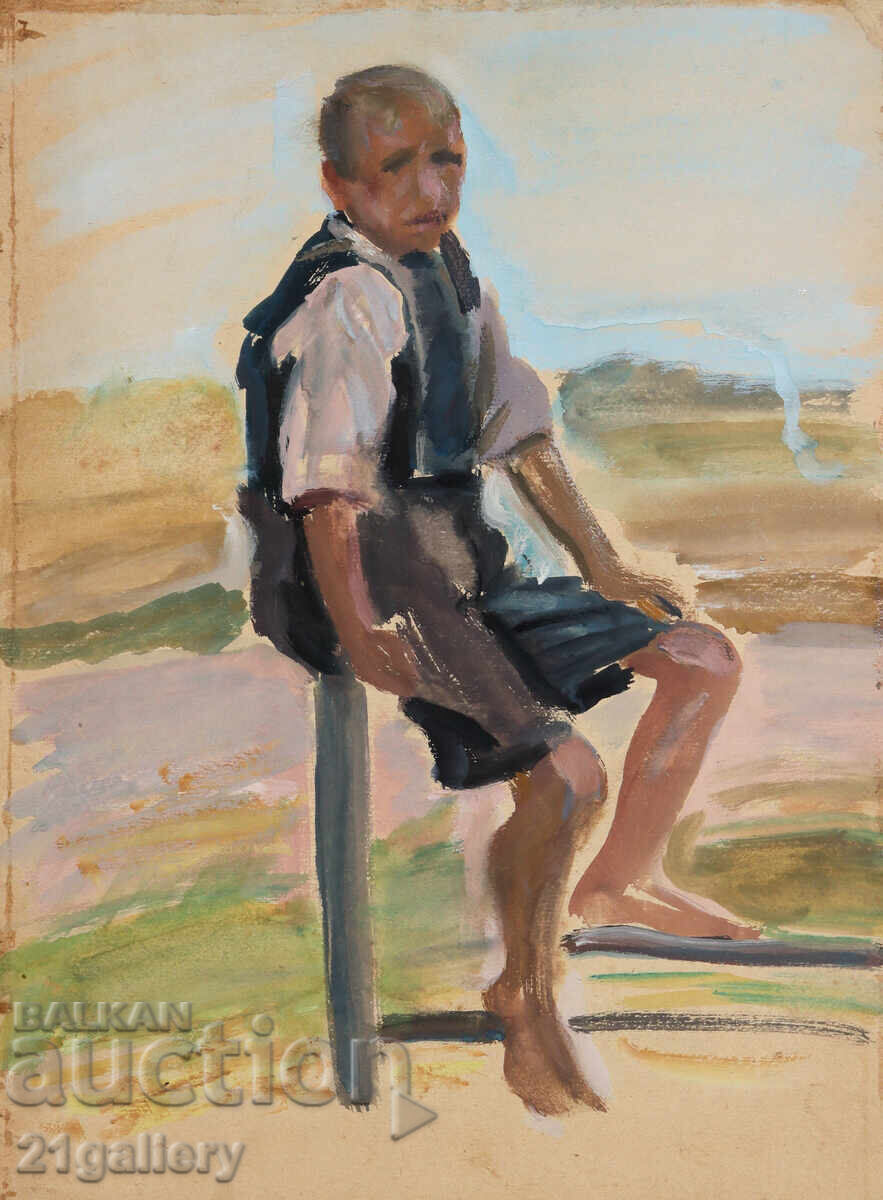 Old painting, tempera, portrait of a boy