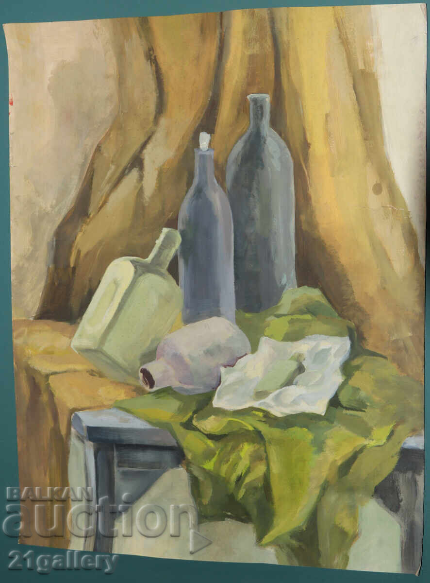 Auction  Painting tempera paint still life with bottles