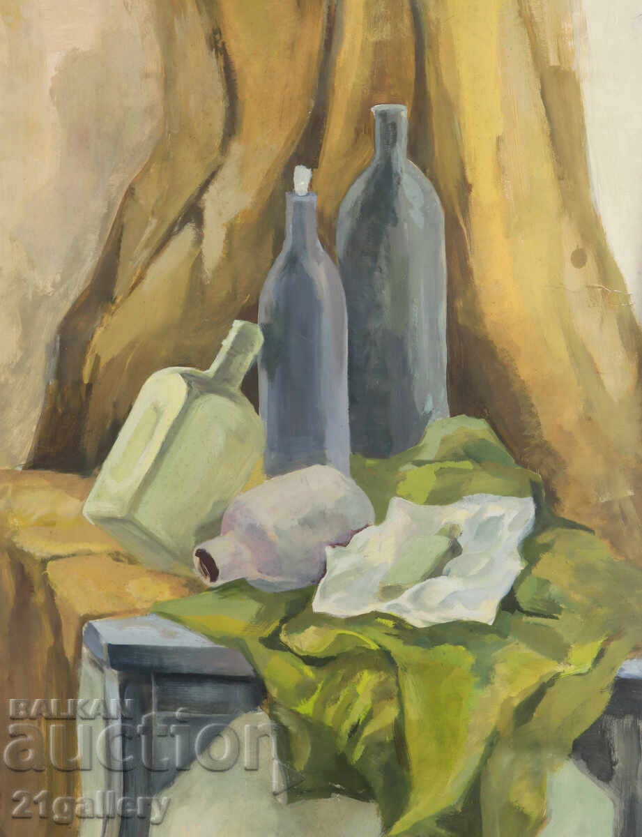 Painting tempera paint still life with bottles