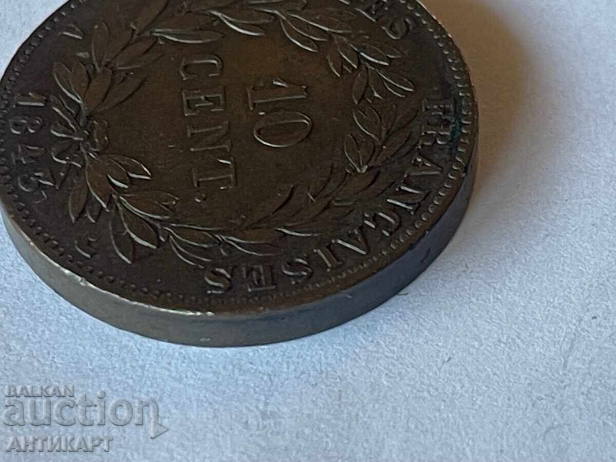 France Colony Row Coin 10 Centimes Bronze 1843 - 5