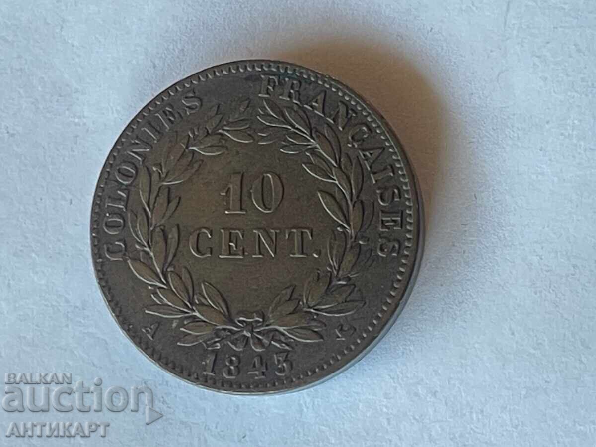 France Colony Row Coin 10 Centimes Bronze 1843