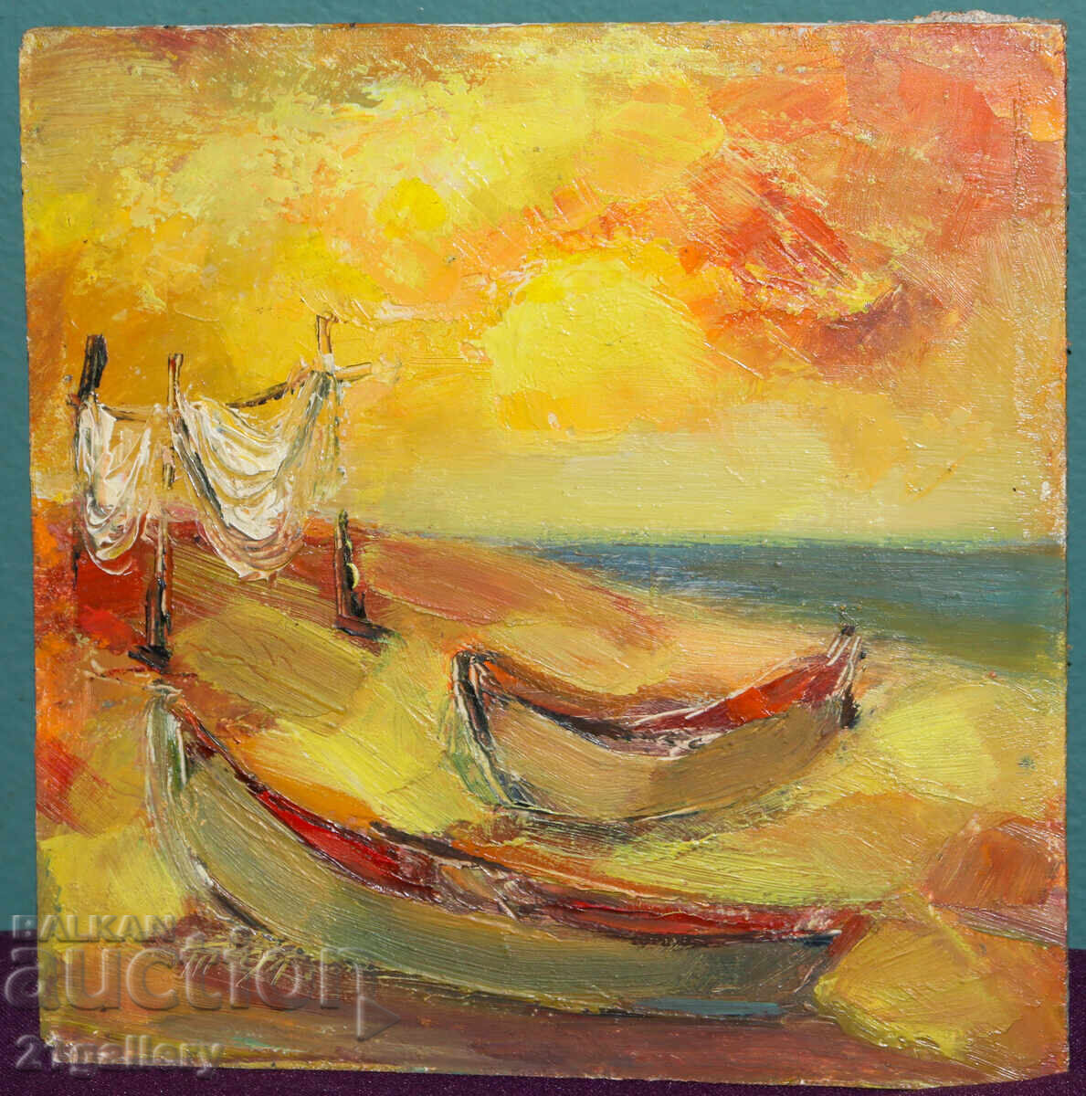 Морски пейзаж рибарски лодки  маслени бои с цена 220.00 лв. | € 112.48