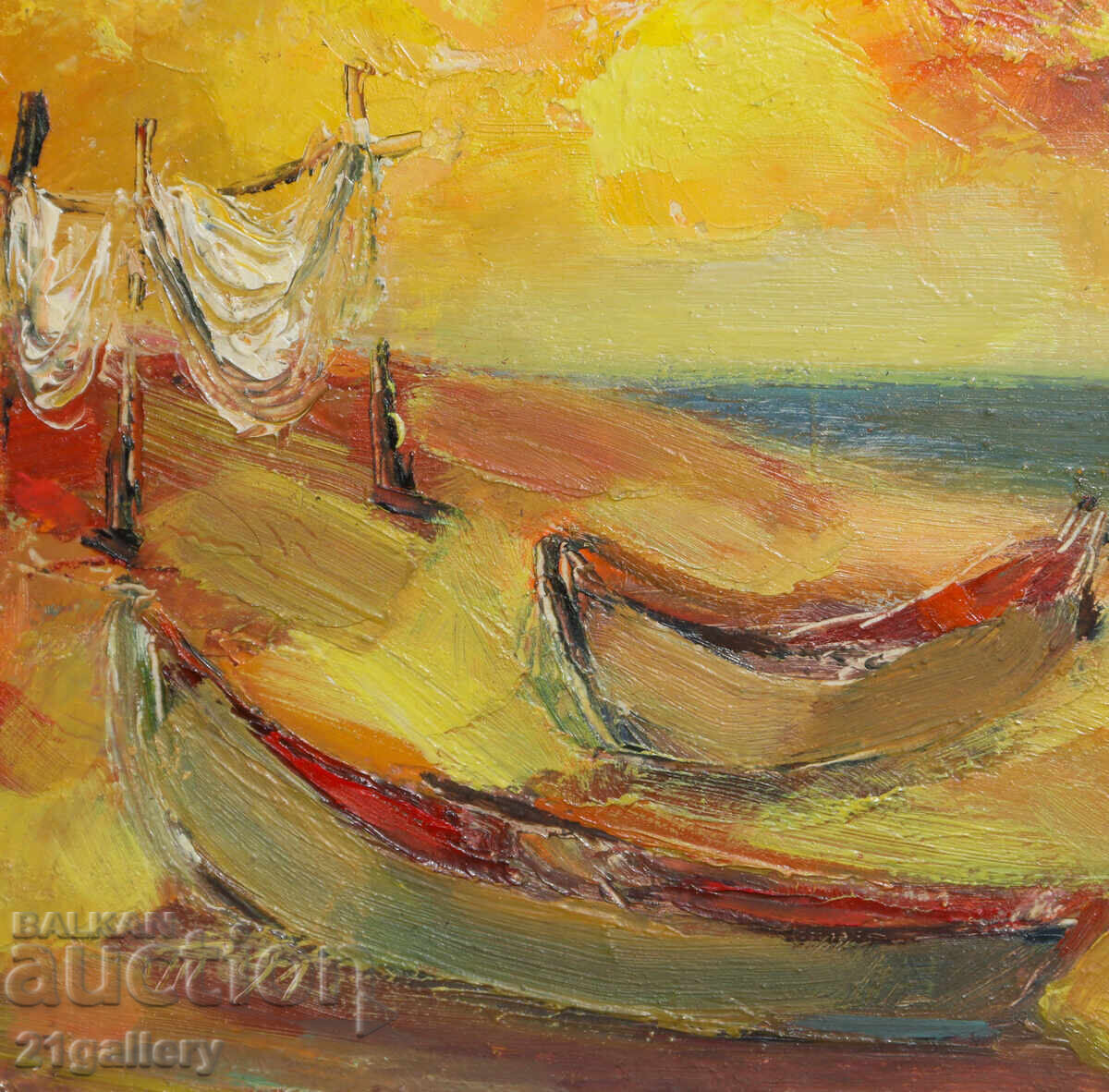 Морски пейзаж рибарски лодки  маслени бои - 6