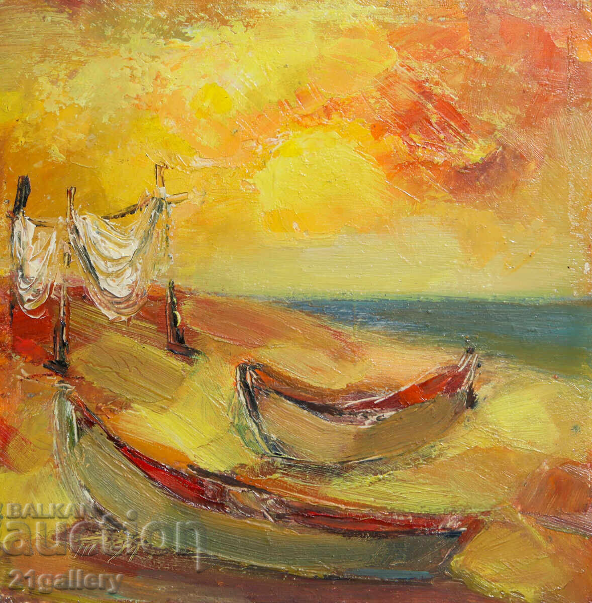 Морски пейзаж рибарски лодки  маслени бои - 7