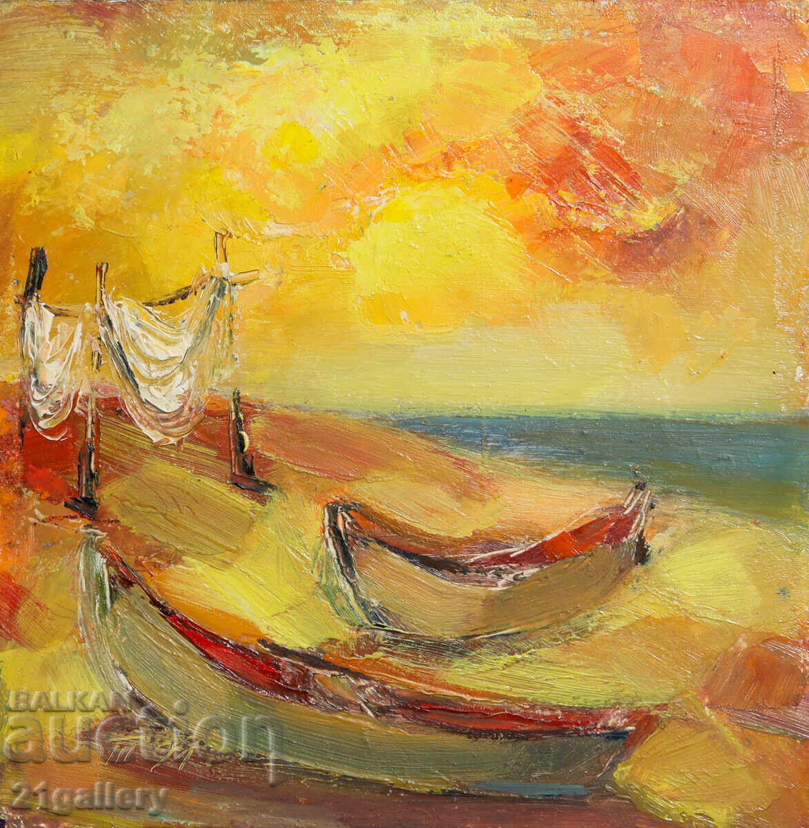 Морски пейзаж рибарски лодки  маслени бои