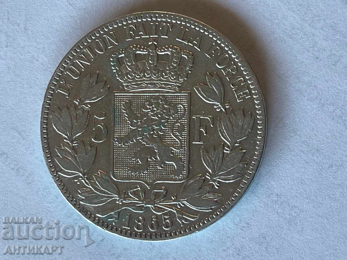 Belgium Rare Silver Coin 5 Francs 1865 Silver Leopold I