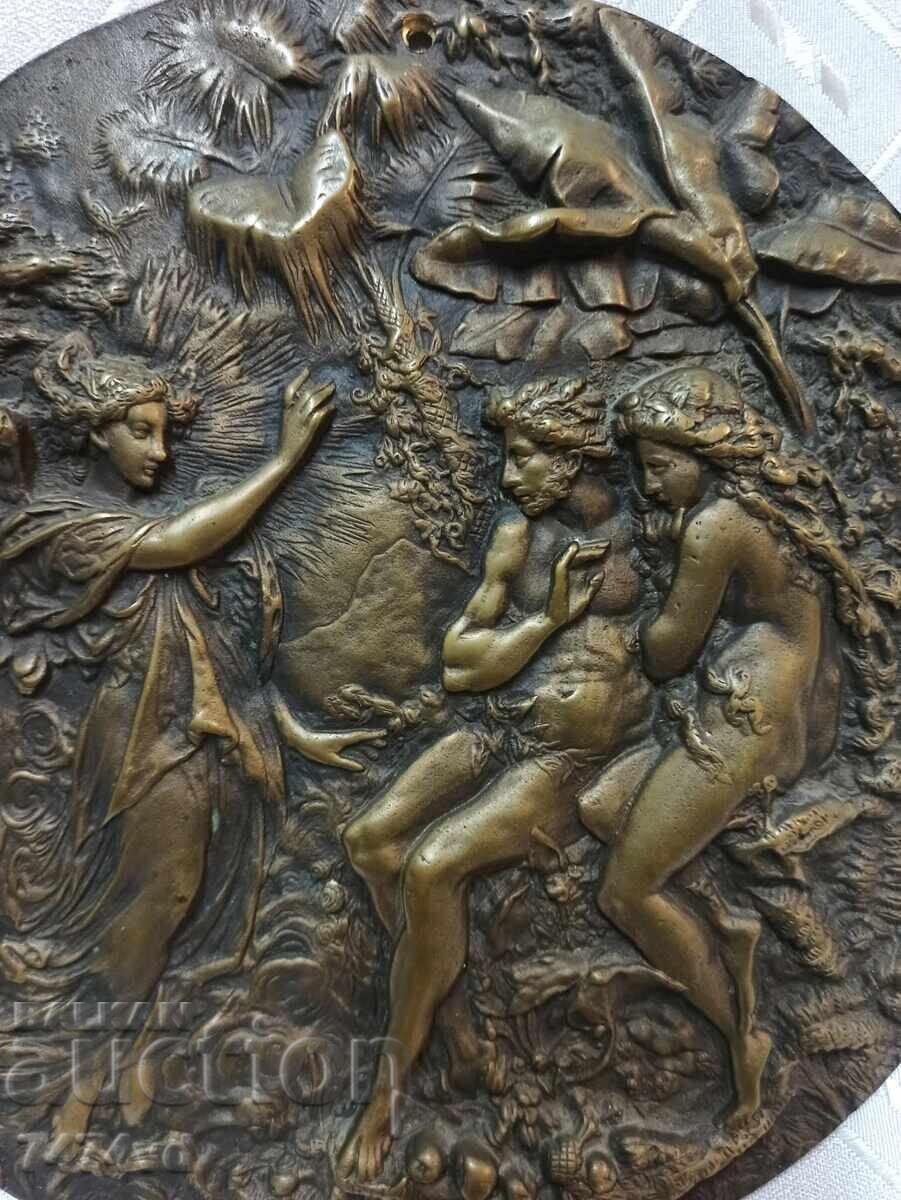 Livrarea Placă masivă de bronz antică, cu relief - basorelief Adam și Eva