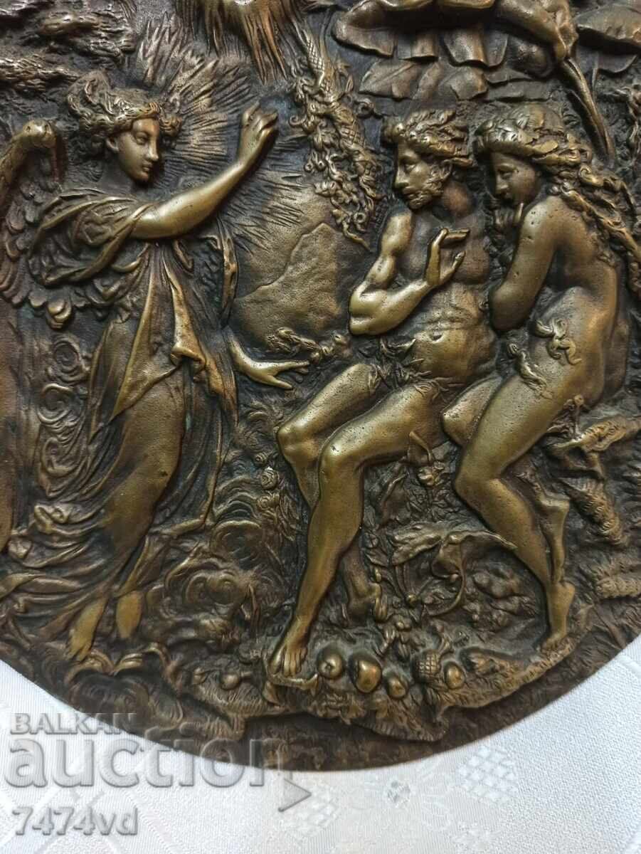 Placă masivă de bronz antică, cu relief - basorelief Adam și Eva - 5