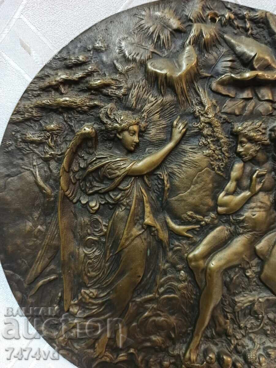 Placă masivă de bronz antică, cu relief - basorelief Adam și Eva - 6