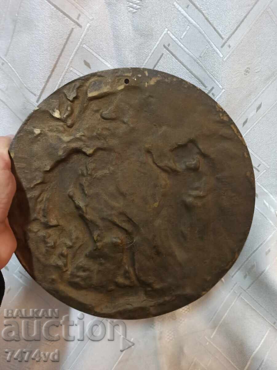 Placă masivă de bronz antică, cu relief - basorelief Adam și Eva - 7