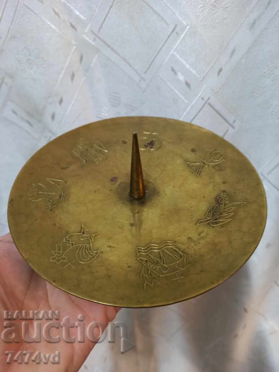 Auction Mid-century brass candlestick, Christian symbols Auction Mid-century brass candlestick, Christian symbols