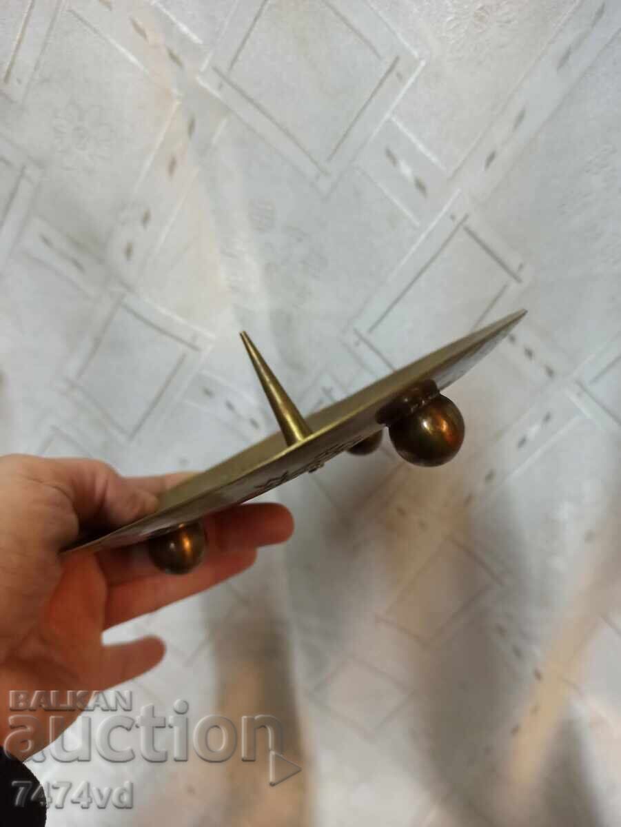 Mid-century brass candlestick, Christian symbols - 6 Mid-century brass candlestick, Christian symbols - 6