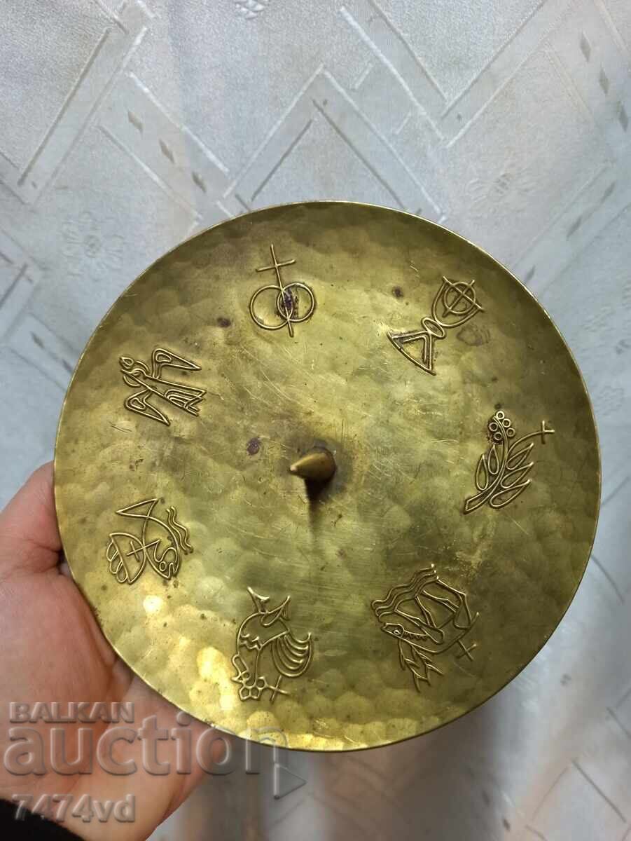 Mid-century brass candlestick, Christian symbols Mid-century brass candlestick, Christian symbols