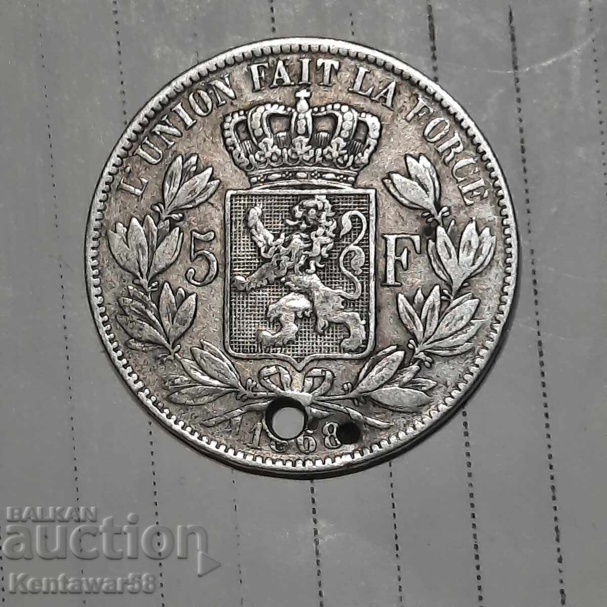 Belgia 5 franci 1868 Leopold al II-lea. Argint cu preț € 54.00 | 105.62 BGN