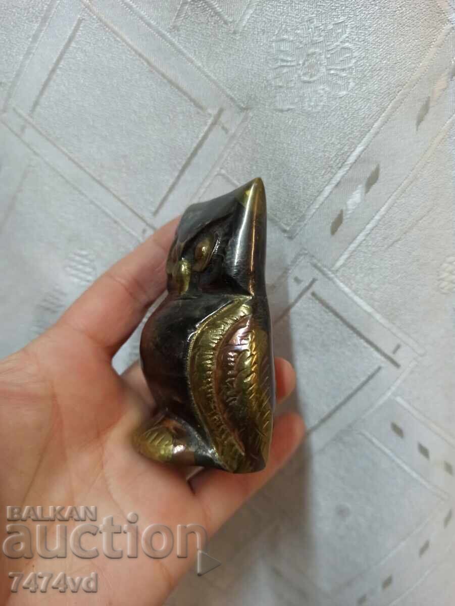 Auction  Bronze owl figure, engraved colorful elements on the sides