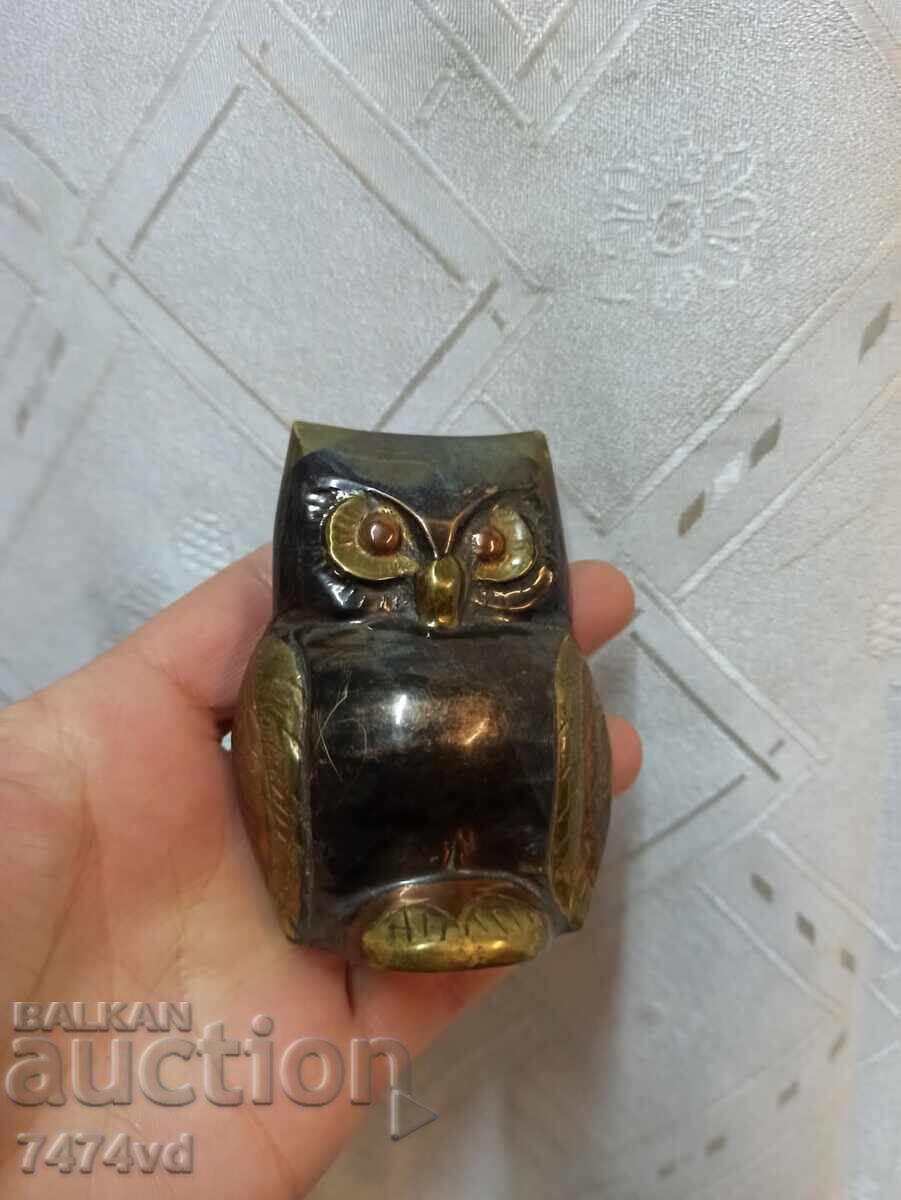 Bronze owl figure, engraved colorful elements on the sides