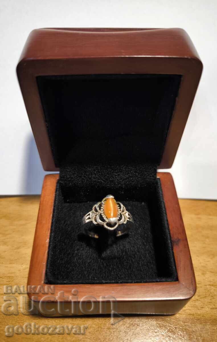 Licitație Inel elegant din argint cu piatră naturală portocalie!
